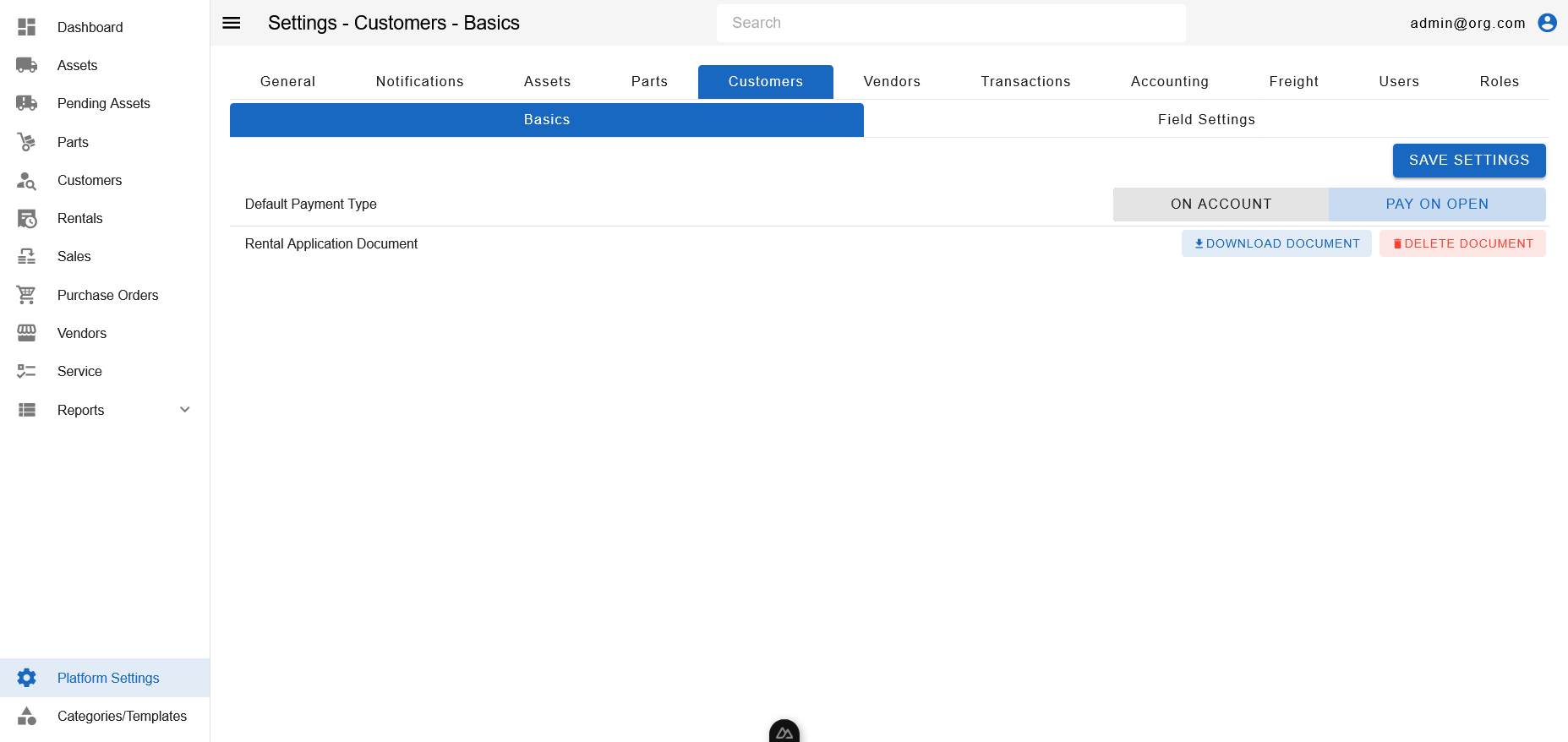 Platform Settings - Customers Page