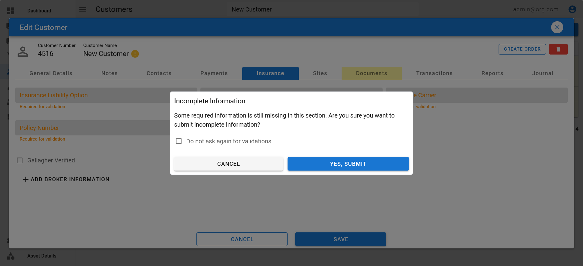 Incomplete Information Warning (Edit Customer Popup)