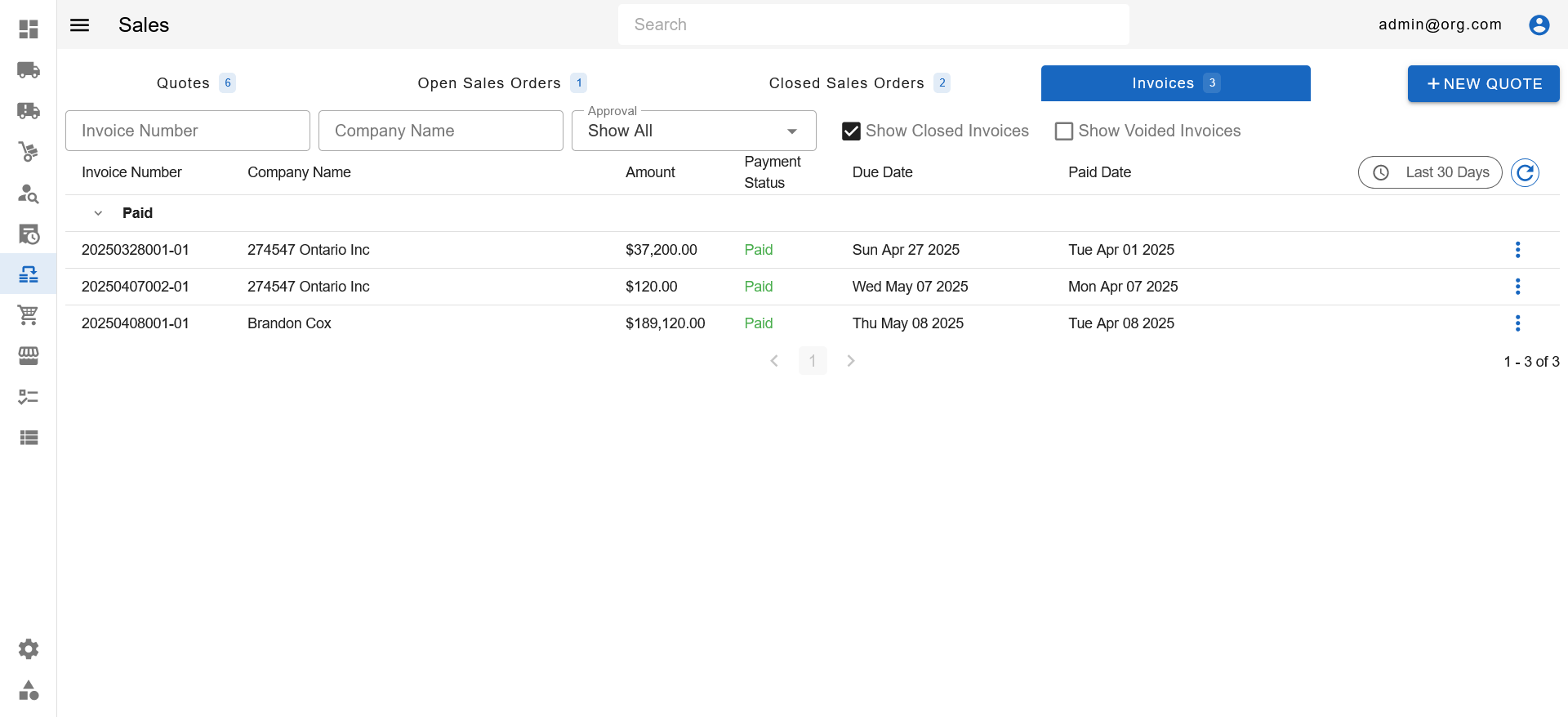 Sales Page - Invoices Tab