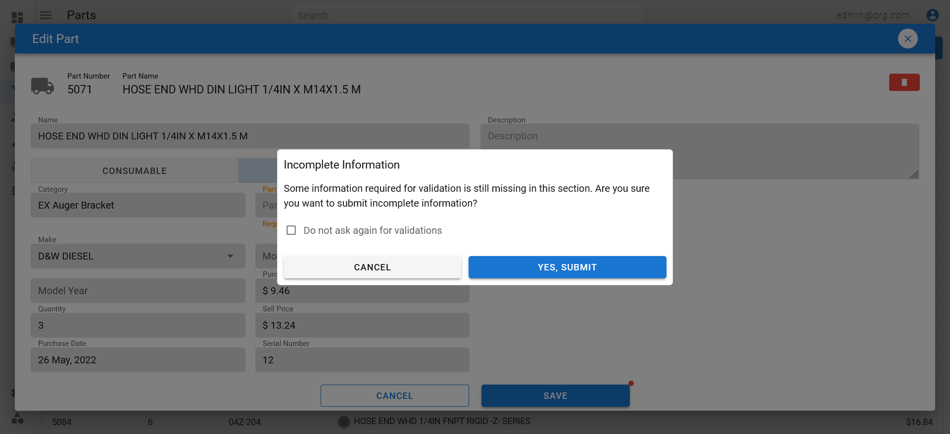 Incomplete Information Warning (Edit Part Popup)