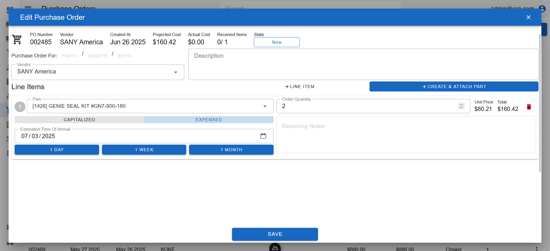 Purchase Order Popup