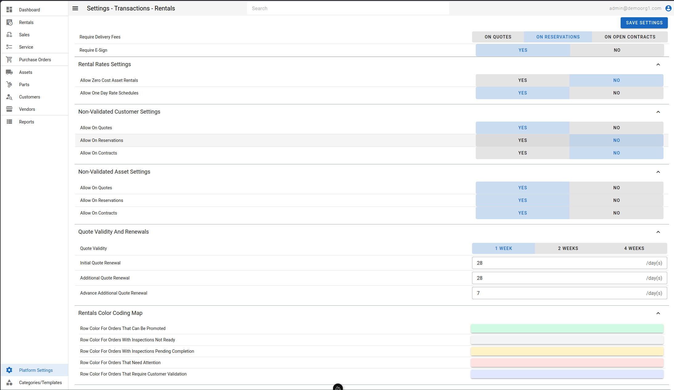 Platform Settings - Transactions Page