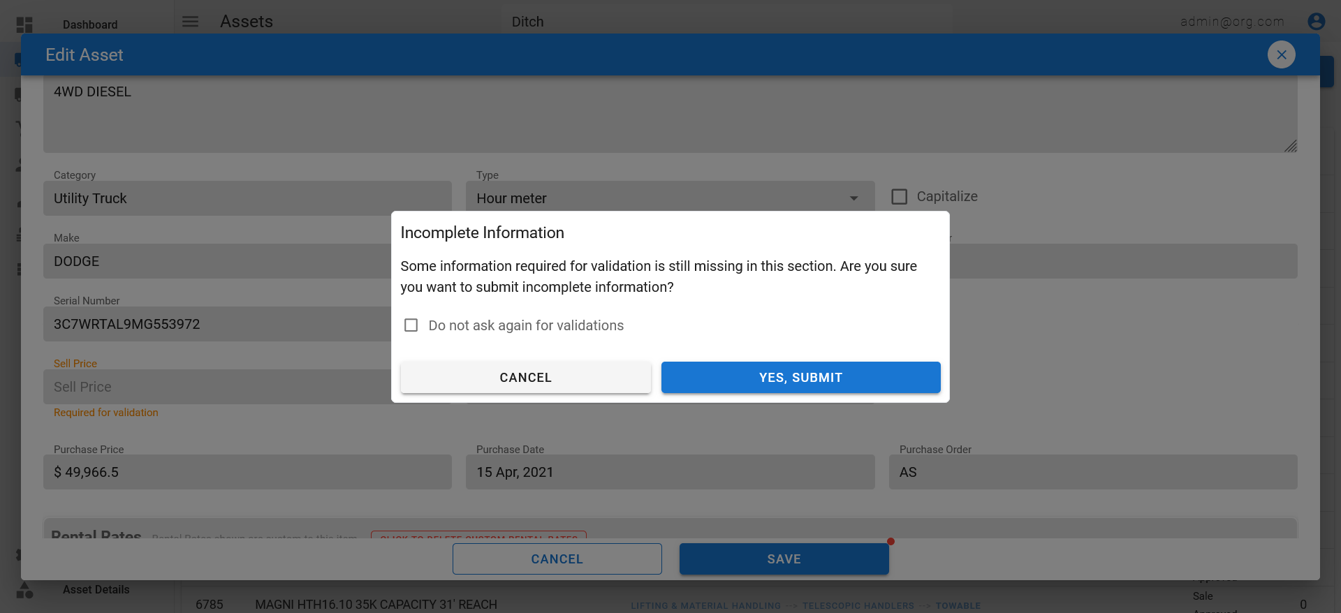Incomplete Information Warning (Edit Asset Popup)