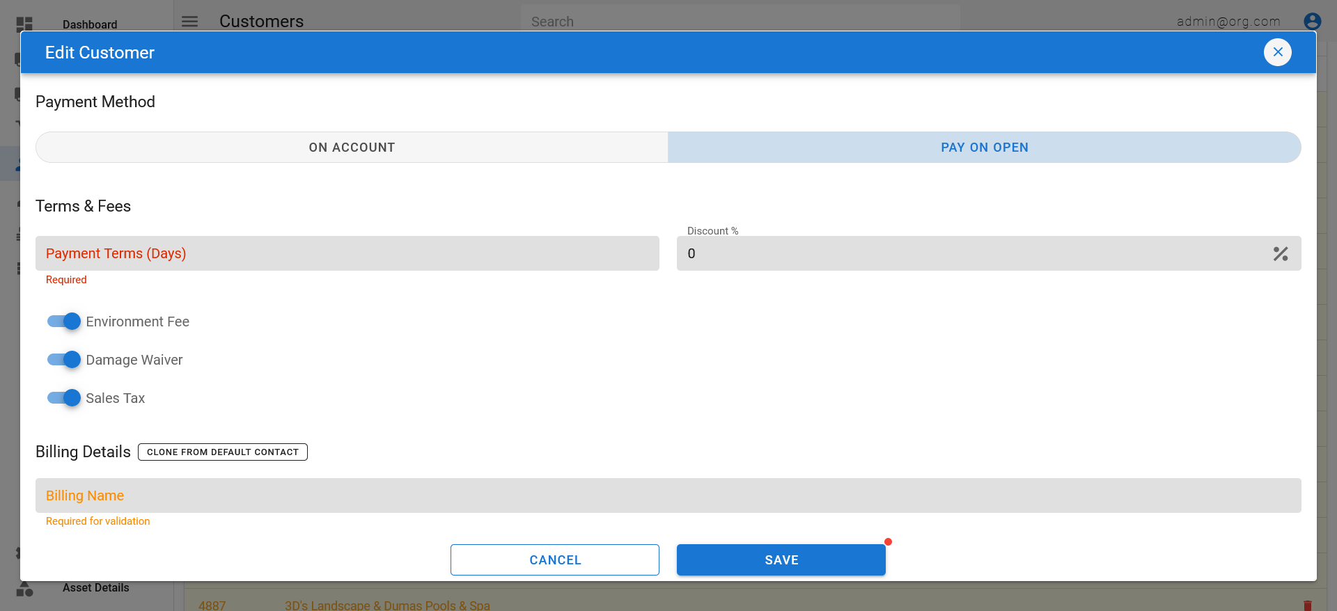 Field Settings (Edit Customer Popup)